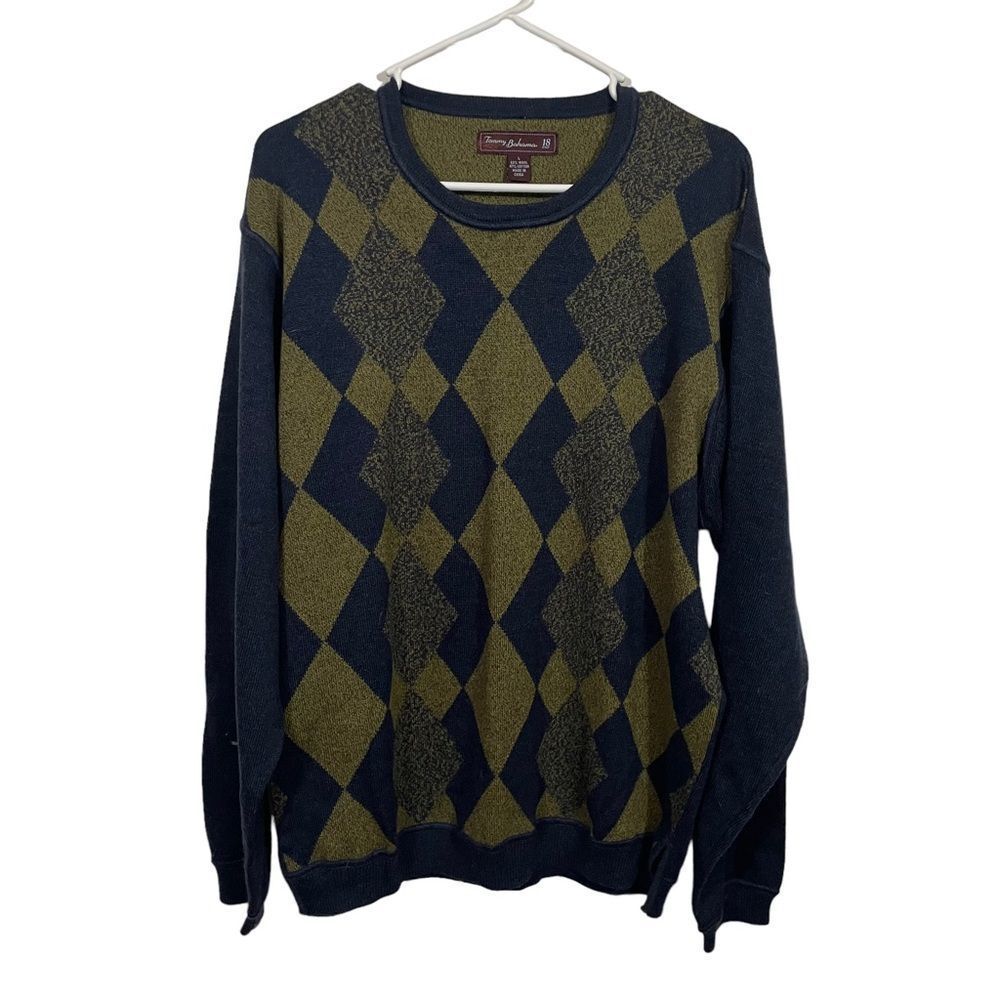 Tommy Bahama Navy & Gold Pattered Wool Crewneck Golf Sweater